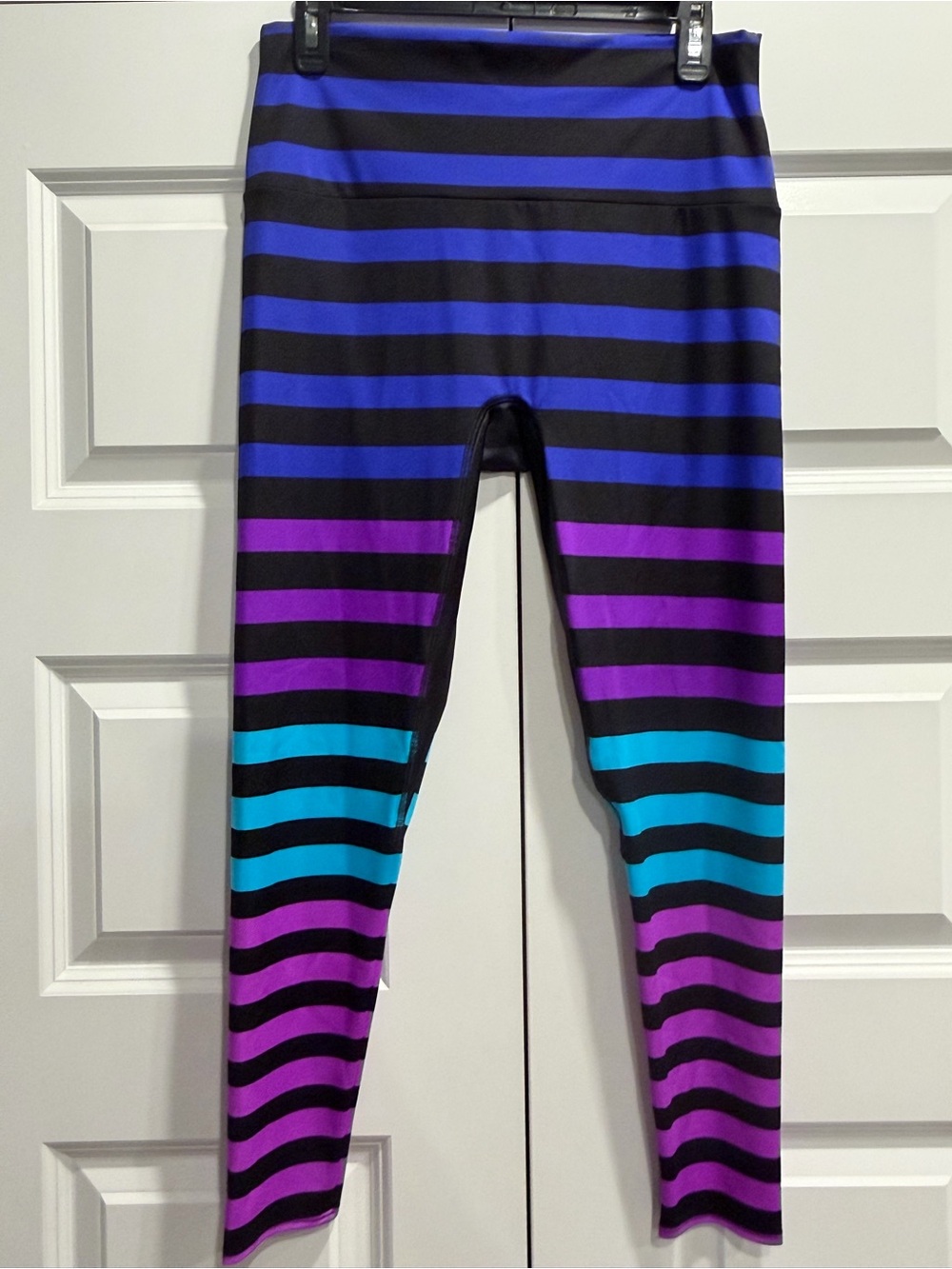K-DEER Black, Purple, Blue & Teal Striped Women’s Leggings